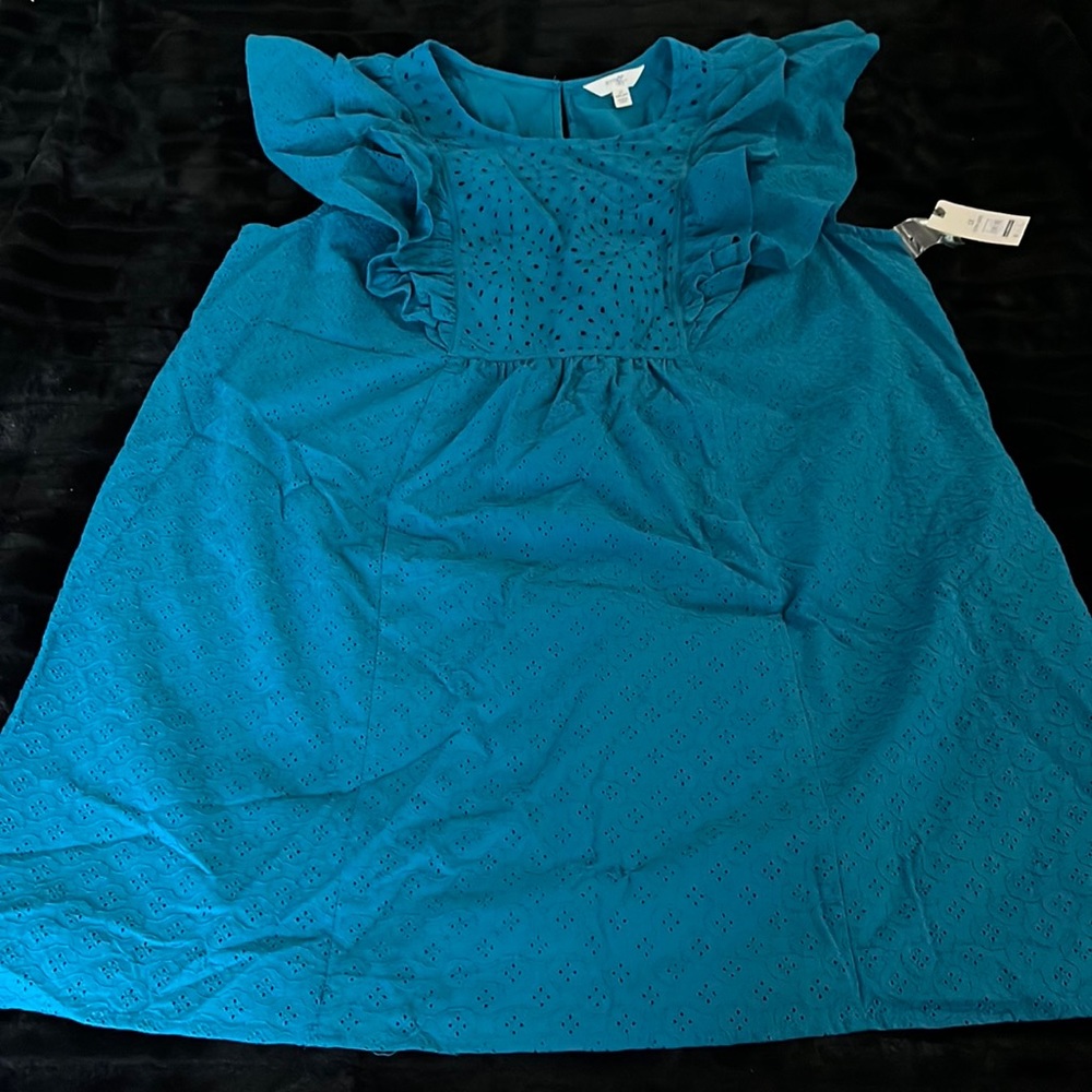 Turquoise blue eyelet ruffle dress 1X flutter sleeve fully lined cotton Tera&sky